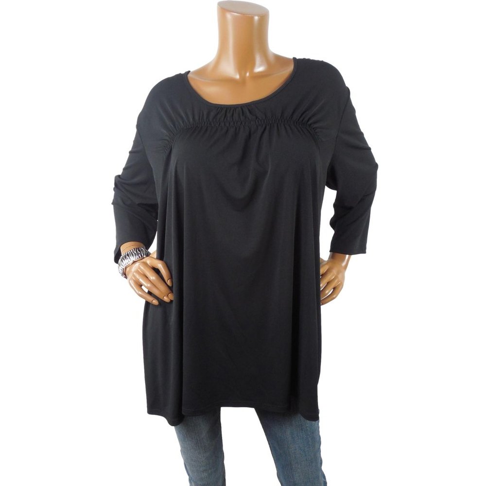 SUSAN GRAVER Top XL Oversized Blouse Black Stretch Shirt Puckered Detail 3/4 Slv